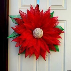 Red poinsettia wreath front door decor gift for mom holiday wreath
